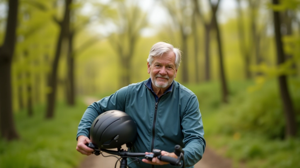 Vanem inimene kalmeerib ratta, helmet käes, kevadises maastikus